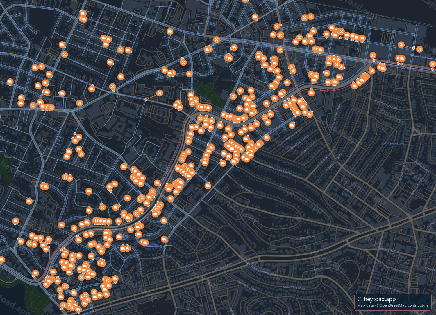 Map of Allston and Brighton with a dense trail of pins along the Commonwealth Avenue corridor.
