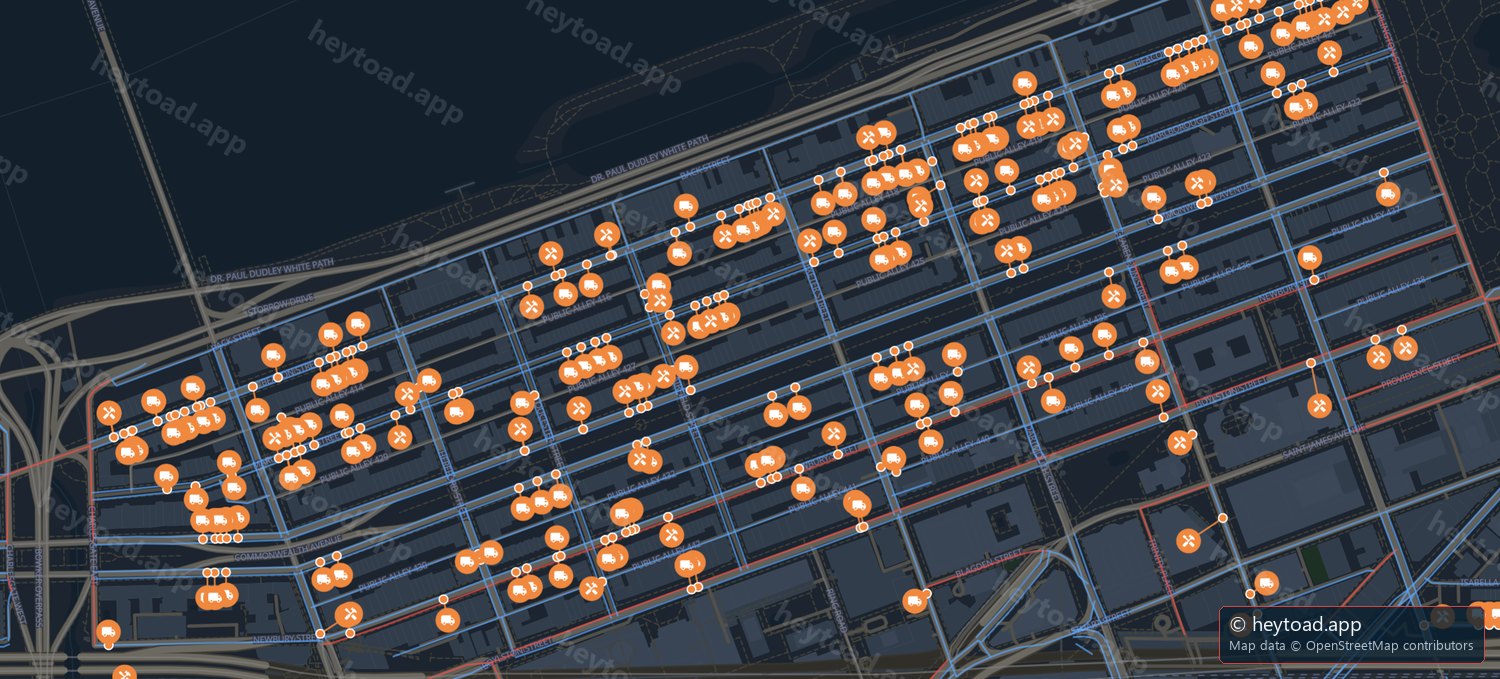 Map of Back Bay with a pin on every block holding a moving permit on September 1.