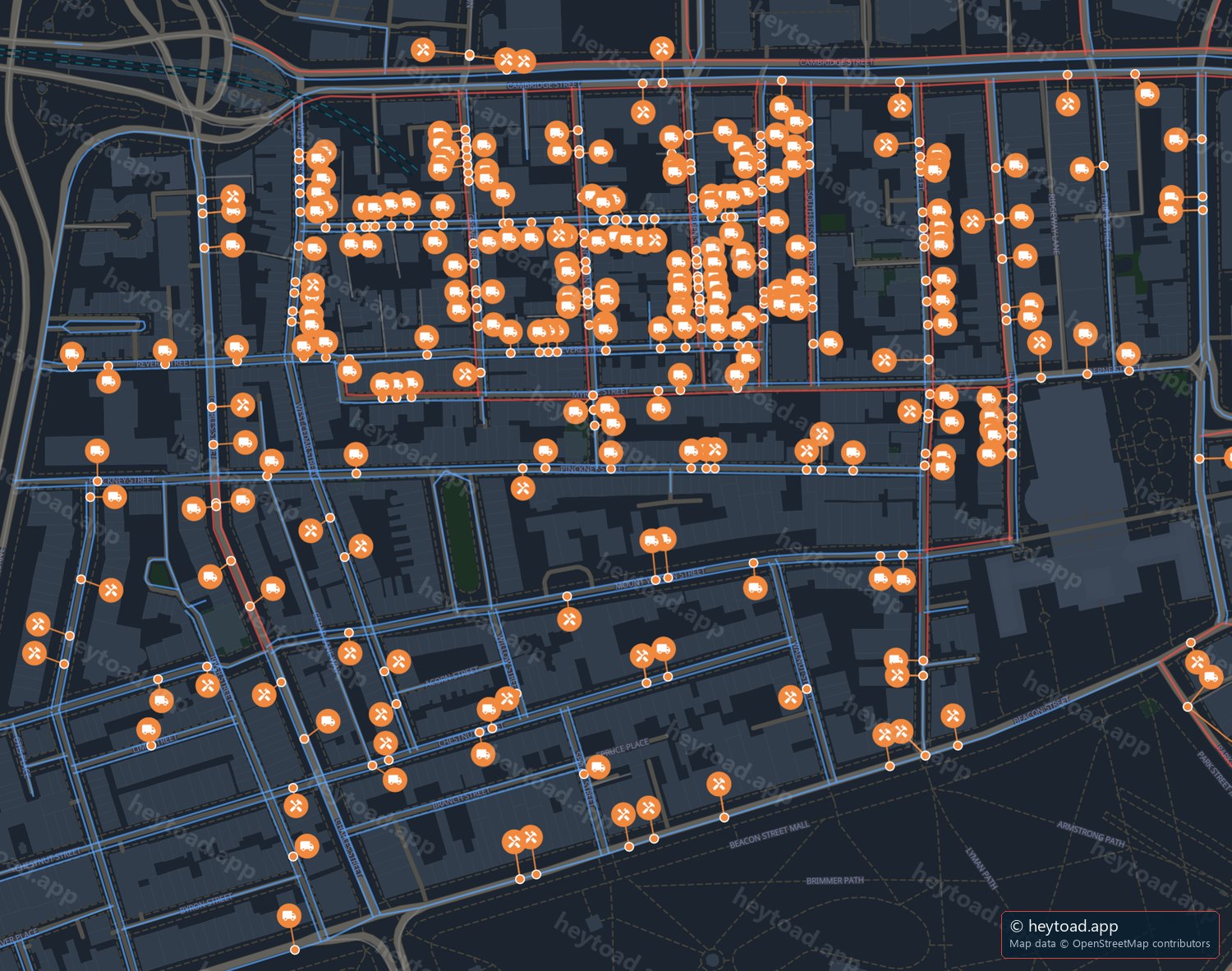 Map of Beacon Hill with a pin on every block holding a moving permit on September 1.