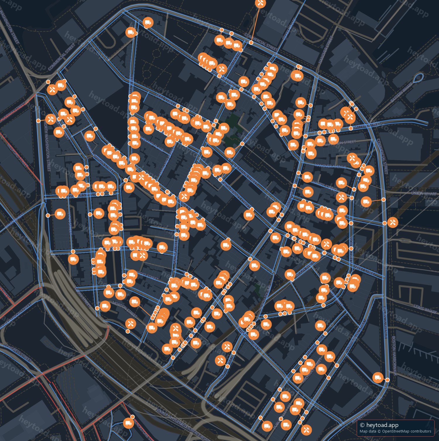 Map of the North End with a pin on every block holding a moving permit on September 1.
