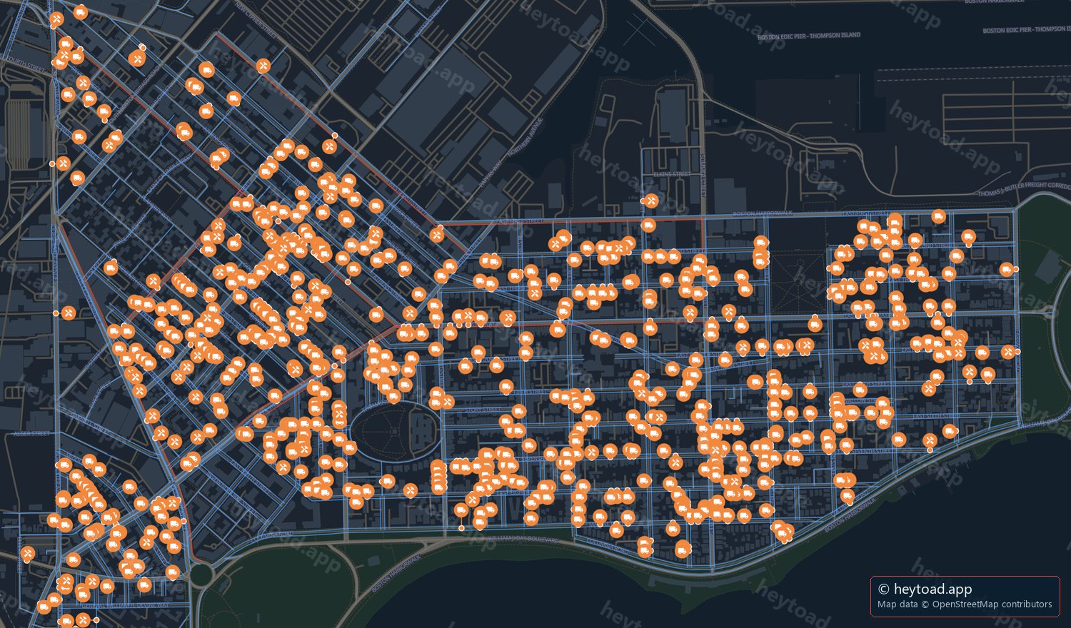 Map of South Boston with a pin on every block holding a moving permit on September 1.