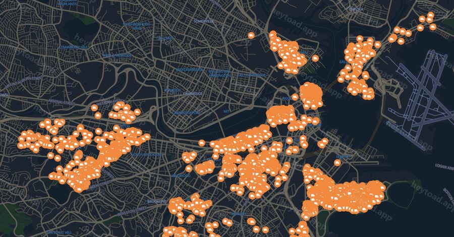 Map of Boston with a pin on every block holding an active street occupancy permit.