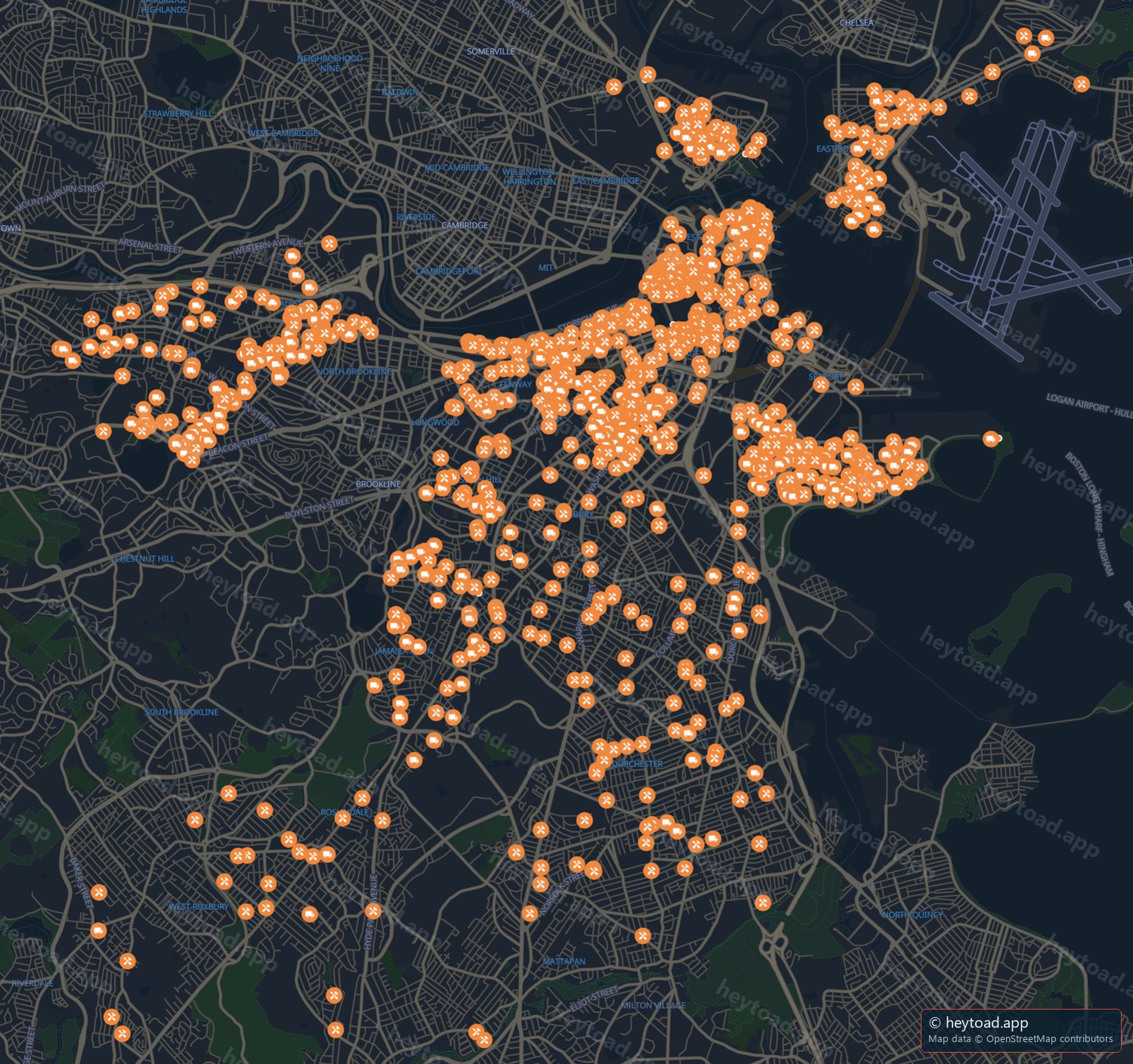 Map of Boston with an orange pin on every block holding an active street occupancy permit. Pins are dense from the North End through Back Bay, the South End and South Boston, with separate clusters along Commonwealth Avenue in Allston-Brighton and across East Boston, and very few pins in West Roxbury, Hyde Park and Mattapan.