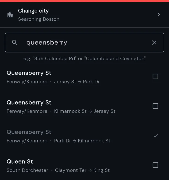 The Add Street search screen, showing results for queensberry with cross-streets and neighborhoods, one of them already watched