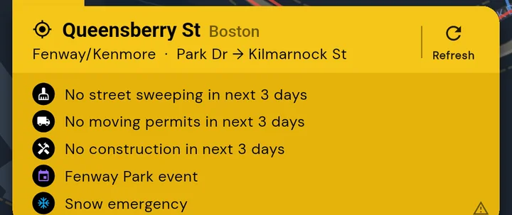 The yellow location card for Queensberry St with extra rows: a purple Fenway Park event and a blue snowflake Snow emergency below the sweeping, moving, and construction rows