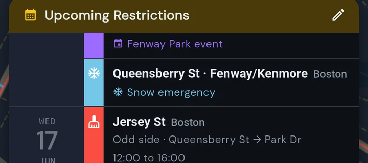 The Upcoming Restrictions list with a purple Fenway Park event row and a light-blue Snow emergency row on Queensberry St above the regular red sweeping rows