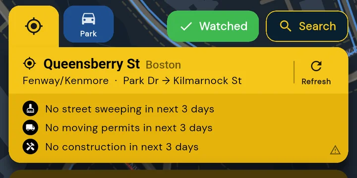 The yellow location card naming the current block, with Watched and Search buttons, a Park tab, and three status rows for sweeping, moving permits, and construction