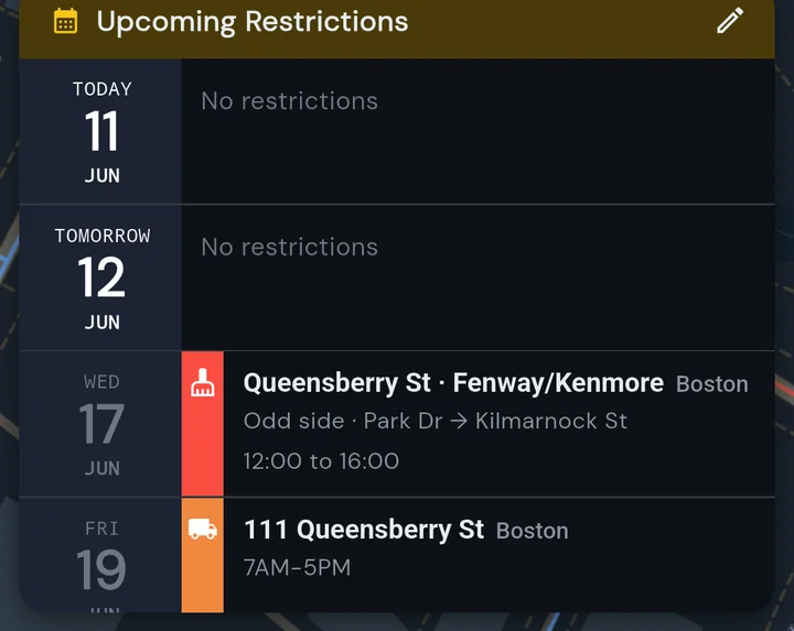 The Upcoming Restrictions list: a date rail on the left and rows showing sweeping for Queensberry St plus a moving-truck permit row
