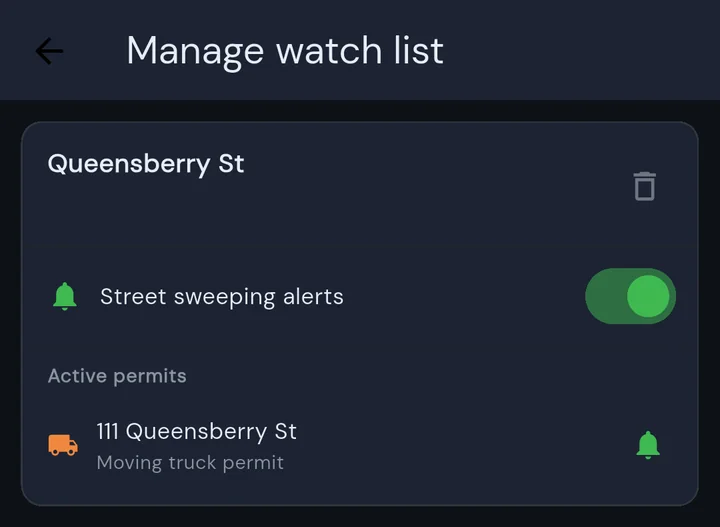 The Manage watch list screen with a per-street card: a remove button, a street sweeping alerts toggle, and an active permits list with per-permit bells