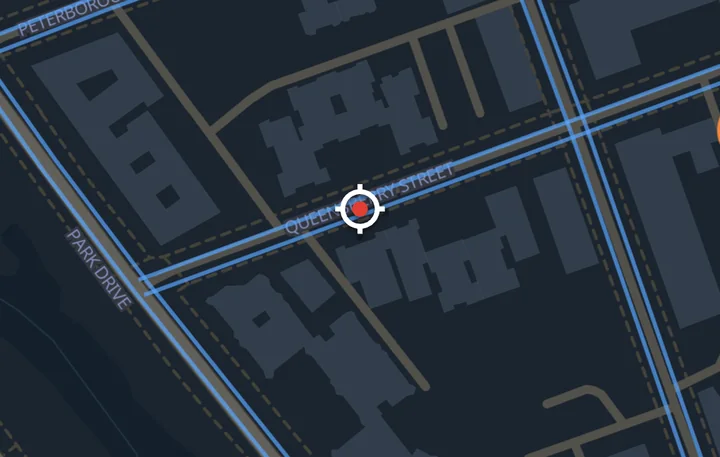Map detail: Queensberry St in the Fenway with blue lines along both sides of each street and the location marker in the middle of the block