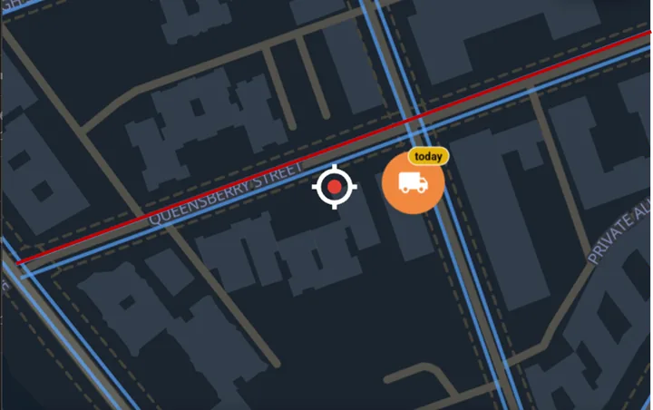 Map detail: an orange moving-truck permit pin with a today chip on a block whose red side sweeps soon